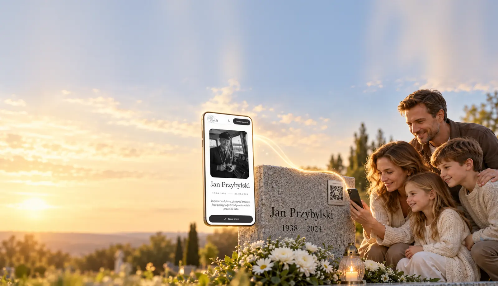 Wizualizacja wygenerowana przez AI: rodzina przy nagrobku Jana Przybylskiego; mama skanuje tabliczkę z kodem QR, a nad nagrobkiem unosi się telefon z jego stroną pamięci